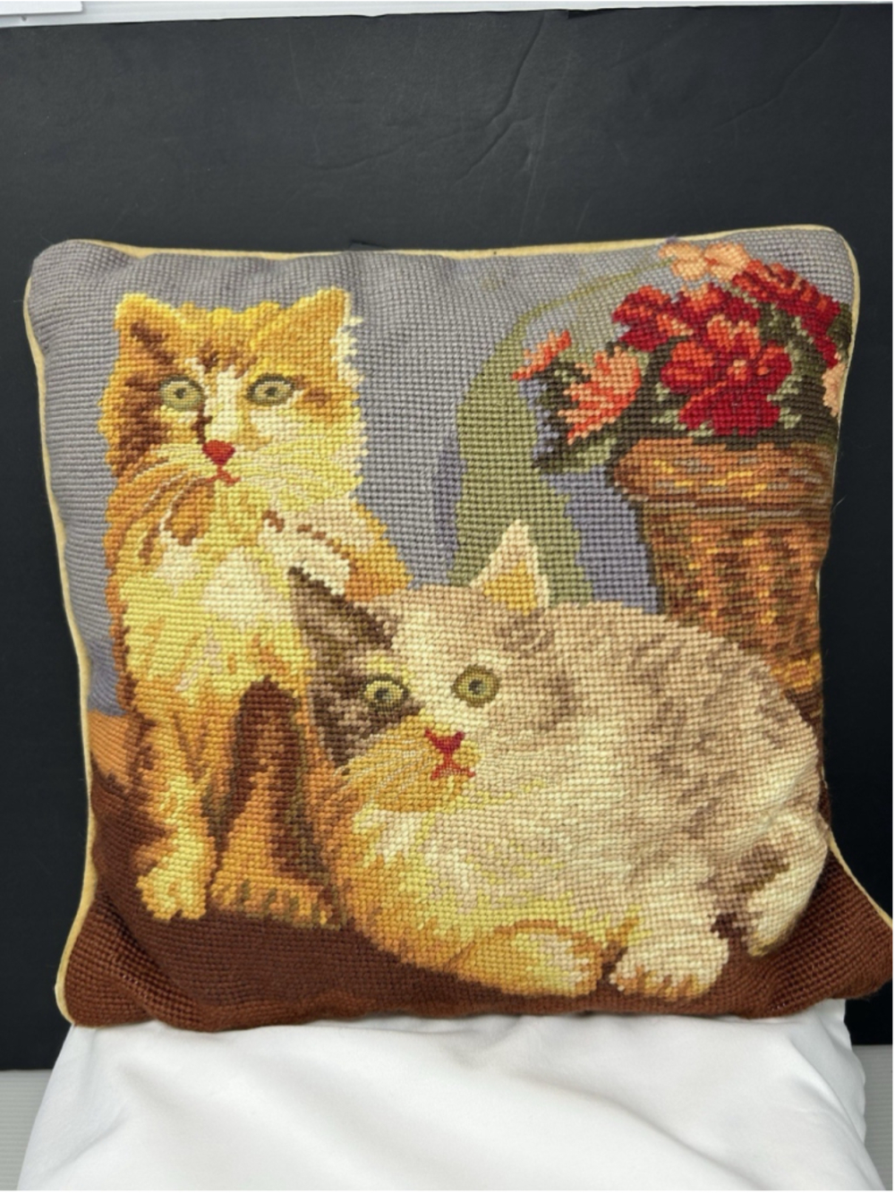 Vintage Imperial Elegance Cat Needlepoint Pillow Cottage Granny Core 14x14 Zip